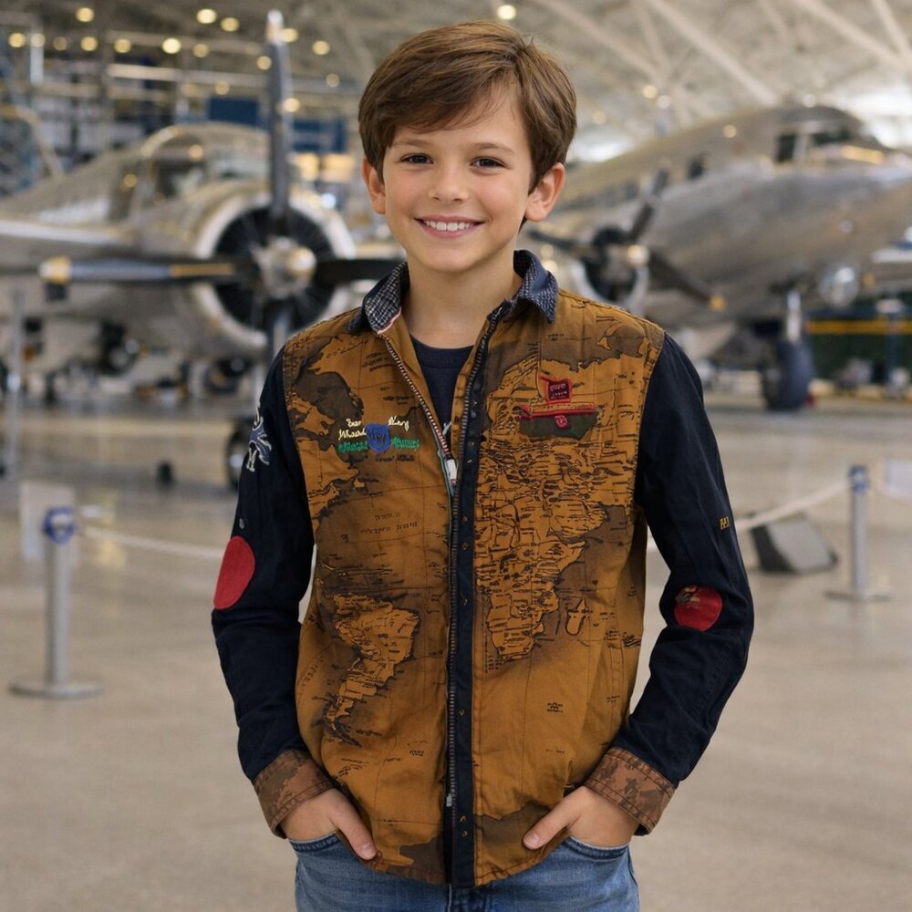 Snowmax World Map Patchwork Jacket Shirt | Brown & Black | Boys 10